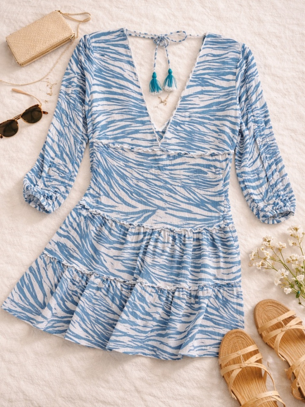 Blue Island Zebra Print Mini Dress Boho Tiered V-Neck Size M